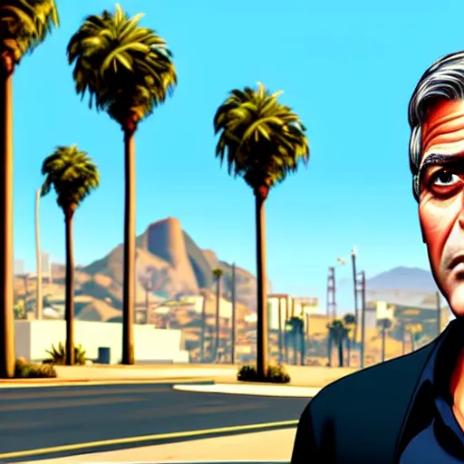 Image similar to george clooney in gta v. los santos in background, palm trees in the art style of stephen bliss