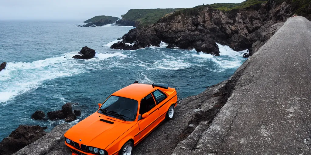 Image similar to orange bmw e30 m3 driving off a cliff into the ocean