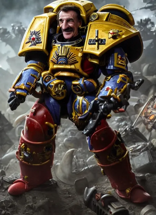 Prompt: Barry Chuckle as a Warhammer 40K Space Marine, movie still, cinematic lighting, dramatic, octane render, long lens, shallow depth of field, 8k, hyper detailed