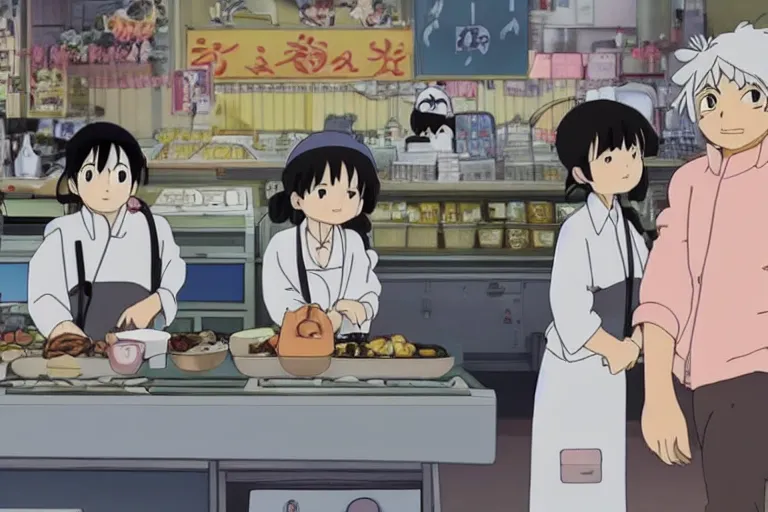 Image similar to studio ghibli anime film about a girl and her best friend panda working at a deli, miyazaki movie