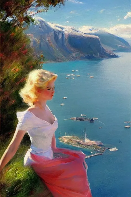 Prompt: 1950s beautiful!!! blonde looking over a Norwegian fjord, aesthetic!!! painting by Vladimir Volegov