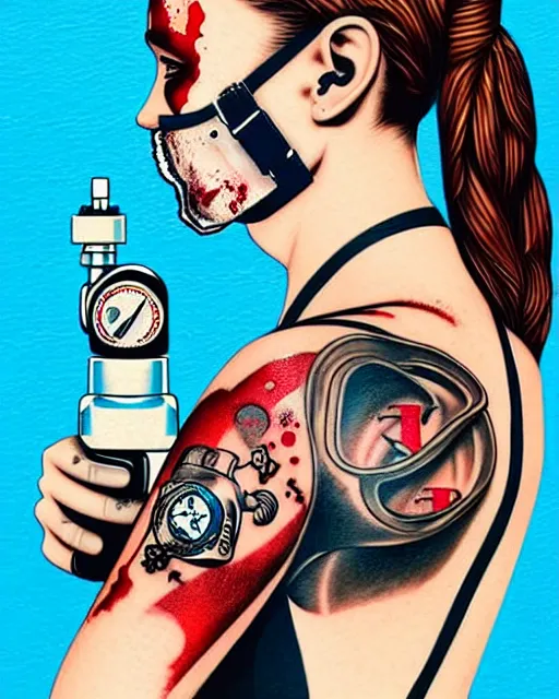 Image similar to diver with oxygen mask wearing blood and having tattoo of rose and a pistol with sea and ocean in the background intricate details with horror side profile by Sandra Chevrier