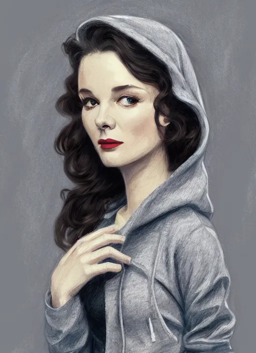 Image similar to vivien leigh, gray hoodie, jeans, half body shot, path traced, highly detailed, high quality, digital painting, alena aenami, leonid afremov, lilia alvarado, shinji aramaki, karol bak, alphonse mucha, tom bagshaw