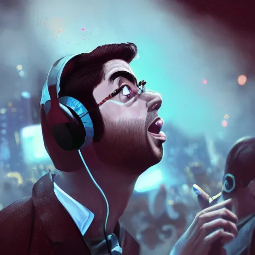 Image similar to tony khan wearing a headset, screaming furiously, cocaine everywhere, scared people in the background, intense, hyper detailed, artstation, flashing lights, hype anger, 8 k