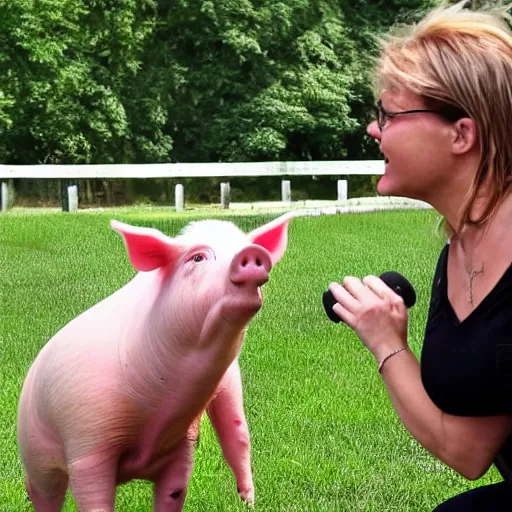 Image similar to a woman interrupts a pig with a microphone