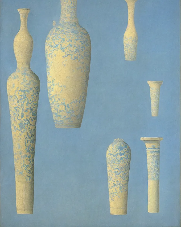 Image similar to achingly beautiful print of intricately painted ancient greek lekythos on a baby blue background by rene magritte, monet, and turner.