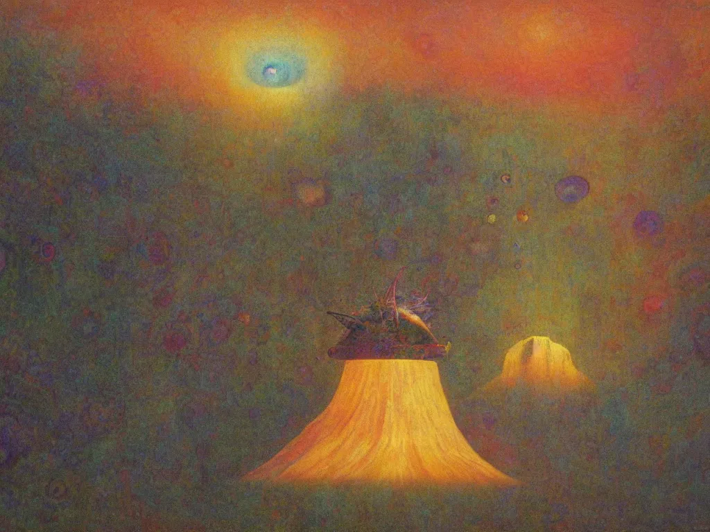 Prompt: study of the psychedelics dream bot mothership over the sublime sacred rock. painting by mikalojus konstantinas ciurlionis, bosch, wayne barlowe, agnes pelton, rene magritte