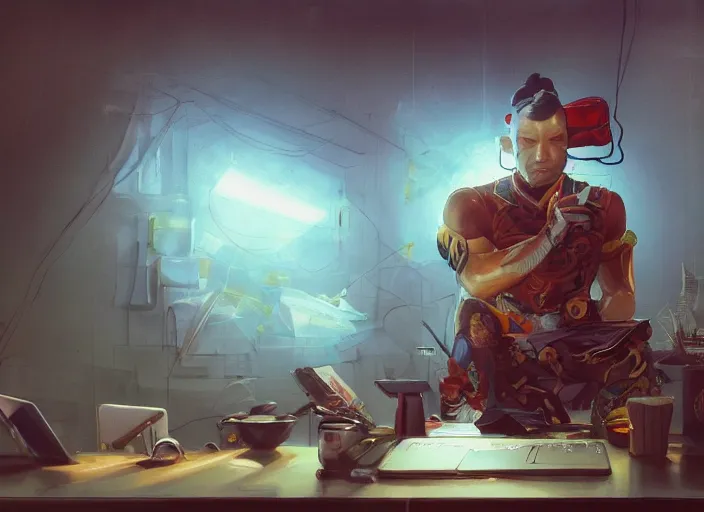 Image similar to an insanely detailed painting of an asian man wearing a homemade superhero costume, sitting at a desk, staring seriously at the computer and typing, in the style of peter mohrbacher, james jean, ruan jia, dramatic lighting and composition, surreal background, octane render, pixar, trending on artstation, concept art, comic book, view from behind, 8 k