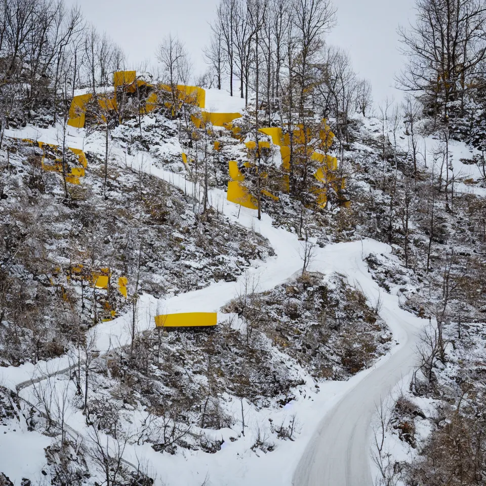 Image similar to a road leading to a mid-century modern house on top of a cliff in the arctic, covered with snow, designed by Frank Gehry, with a long pathway toward it. Big tiles. Film grain, cinematic, yellow hue