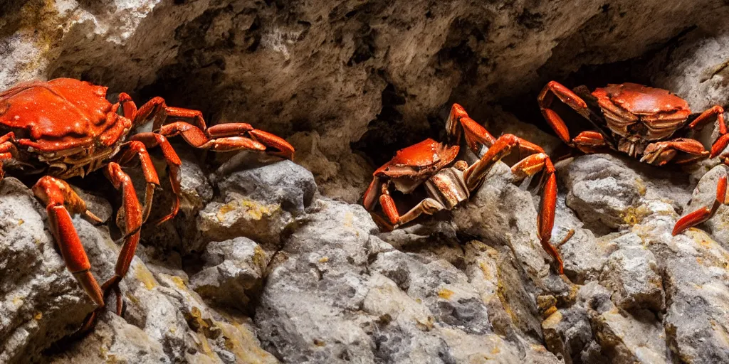 Image similar to crabs during a feeding frenzy inside of a cave, speleothems, limestone, rock strata, torches, rituals, carrion, extremely detailed, photorealistic, 4 k, 8 k