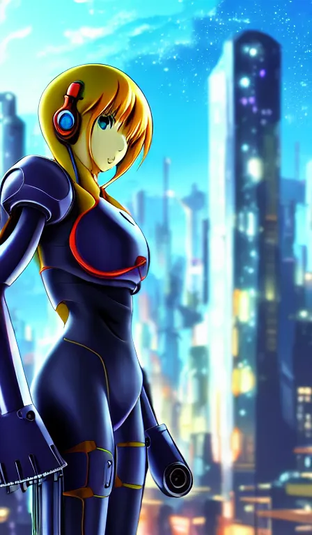 Image similar to anime fine details portrait of Samus in front of cyberpunk moder city landscape on the background deep bokeh, close-up view, anime masterpiece by Studio Ghibli. 8k, sharp high quality anime, artstation