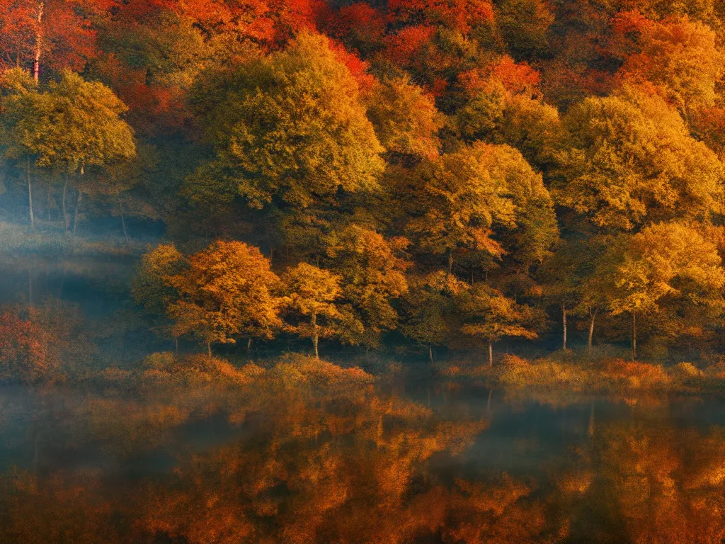 Image similar to a beautiful serene natural landscape during autumn on a fine day, photorealistic, hyperdetailed, studio lighting, octane render, caustics