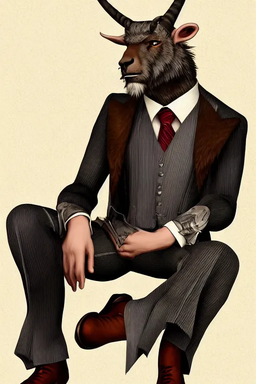 Image similar to beautiful portrait commission of a male furry anthro mountain goat wearing a pinstripe suit and waistcoat, award-winning, detailed, trending on artstation