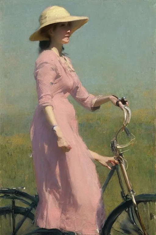 Image similar to “ woman on bicycle, summerdress, hat, jeremy lipking, joseph todorovitch ”