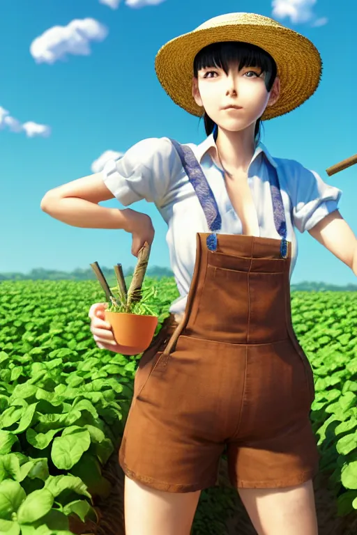 Image similar to mandragora farmer girl working on the sunny day, wearing a suspender and straw hat, artgerm, artstation, art by hiroaki samura and jiro matsumoto and yusuke murata, fantasy, box office hit, movie poster, unreal engine, octane render, sharp focus, high quality, highly detailed 8 k