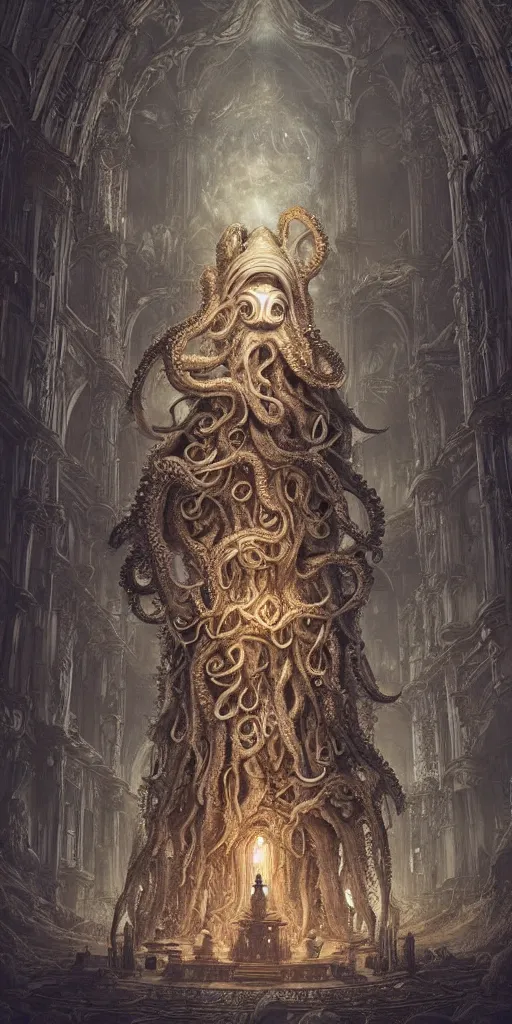 Prompt: group of mankind species mages with enormous octopus heads and jellyfish floating around inside an ancient mage castle hall colossal scale, gothic and baroque, brutalist architecture, ultradetailed, intricate details by Ellen Jewett and Ayami Kojima