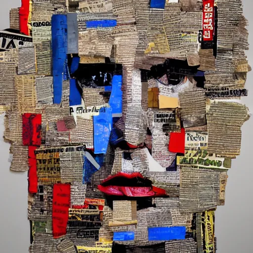 Image similar to a portrait of donald trump constructed from trash, collage, 🗑, trash, drop shadow,, layered composition, layers, texture, mcu, highly textured, layered, sculpted, dynamic,