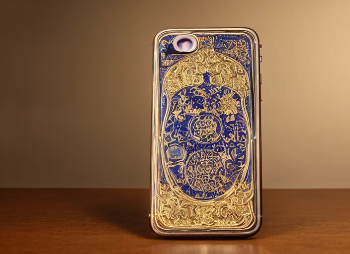 Image similar to photo still of an iphone with decoration from the year 1 9 0 1, in a room from 1 9 0 1, 8 k, studio lighting bright ambient lighting key light, 8 5 mm f 1. 8