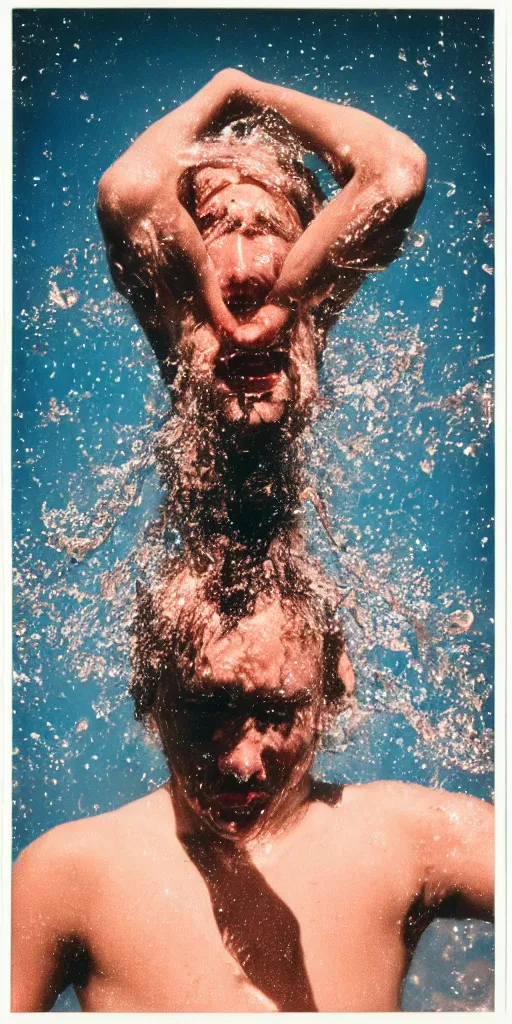 Prompt: detailed color analog medium format photo made by harmony korine, polaroid closeup photo of person splashing water over head in space, rim light, shot with a camera flash, high production value, intricate details, hyperrealistic, photorealistic, high definition, award - winning photography, masterpiece