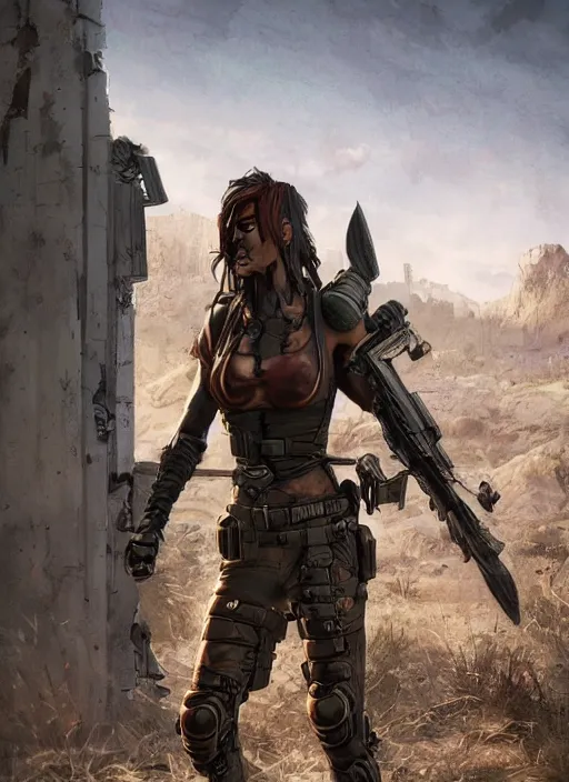 Image similar to A comic book style portrait painting of a stunning female SWAT post apocalyptic punk warrior in a wartorn landscape, unreal 5, DAZ, hyperrealistic, octane render, RPG portrait, ambient light, dynamic lighting