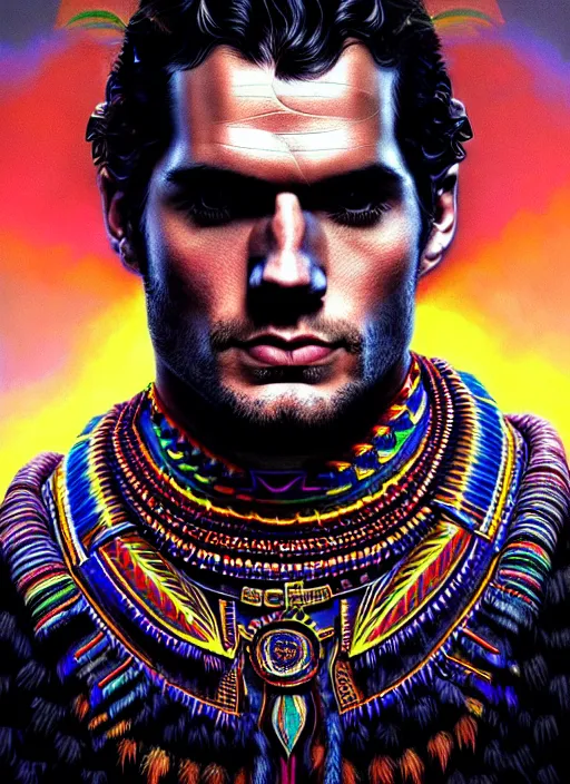 Image similar to portrait of henry cavill, hyper detailed ultra sharp aztec shaman warrior. trending on artstation, warpaint aesthetic, bloodwave, colorful, psychedelic, ornate, intricate, digital painting, concept art, smooth, sharp focus, illustration, art by artgerm and greg rutkowski and h. r. giger, 8 k