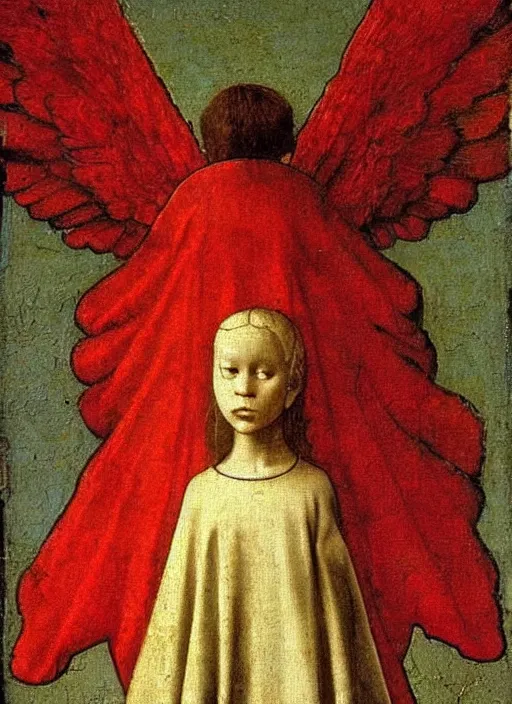 Image similar to Flying Fallen Angel with wings dressed in red, Medieval painting by Jan van Eyck, Johannes Vermeer, Florence