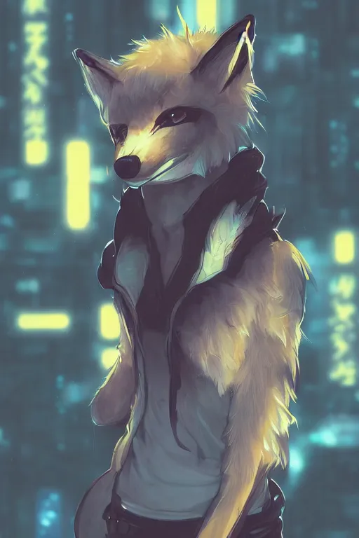 Image similar to a fox fursona, trending on pixiv, by kawacy, furry art, digital art, cyberpunk, high quality, backlighting