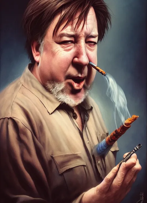 Prompt: bill hicks smoking, by jesper ejsing, justin gerard, tomasz alen kopera, cgsociety and fenghua zhong, highly detailed, rim light, cinematic lighting, illustration, art, octane render, very coherent, cinematic, hyper realism, high detail, octane render, 8 k