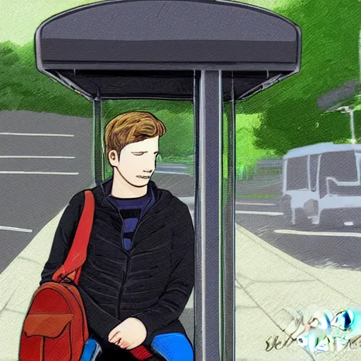 Prompt: a young man waiting at the bus stop in ireland, digital art