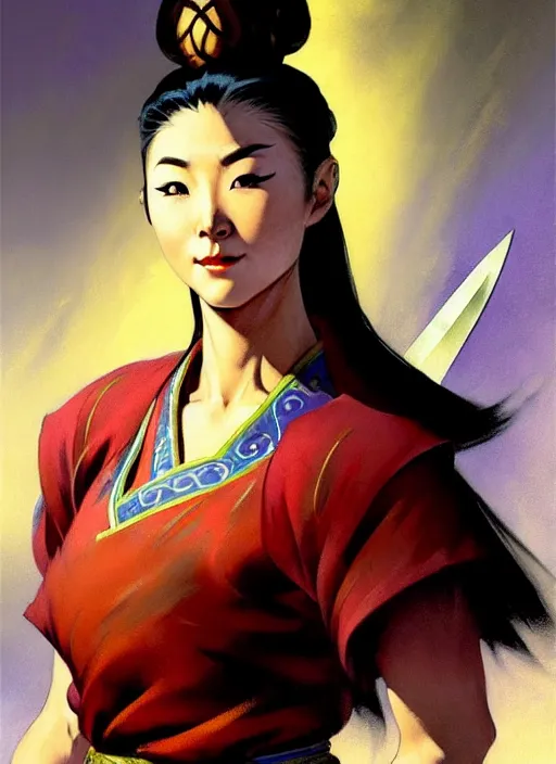 Image similar to magic : the gathering fantasy character concept art by frank frazetta and marco bucci, high resolution. a clear portrait of a stunning female south korean chef, wearing a beautiful hanbok apron, holding a kitchen knife, radiating powerful energy in the background, south korean vibes, fantasy coloring, intricate, digital painting, artstation, smooth, sharp focus