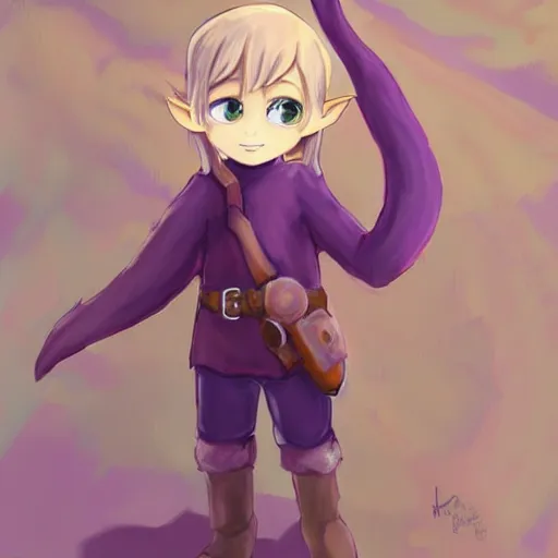 Prompt: little elf boy, purple tunic, blonde hair. light color palate, detailed soft painting, made in abyss art style, anatomically correct