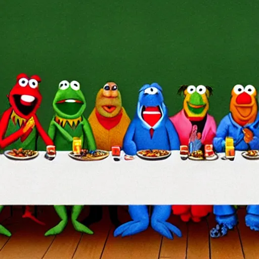 Prompt: the last supper featuring the muppets, 4 k