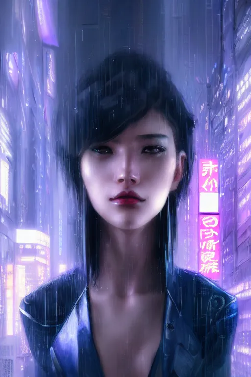 Image similar to portrait futuristic beautiful cyberpunk female police, in heavy rainning futuristic tokyo rooftop cyberpunk night, ssci-fi, fantasy, intricate, very very beautiful, elegant, neon light, highly detailed, digital painting, artstation, concept art, soft light, hdri, smooth, sharp focus, illustration, art by tian zi and craig mullins and WLOP and alphonse mucha