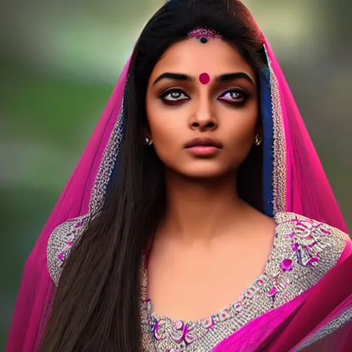 Image similar to beautiful Indian cute teen girl resembling Aishwarya Rai, natural beauty expressive pose, art by mark brooks, but as a real life photograph, photorealism, daz3d genesis iray shaders, cinematic lighting, HDRI, 8k textures