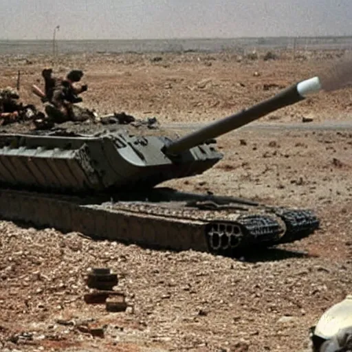 Prompt: A 200 foot tall George H.W. Bush destroys Iraqi tanks, historical photo