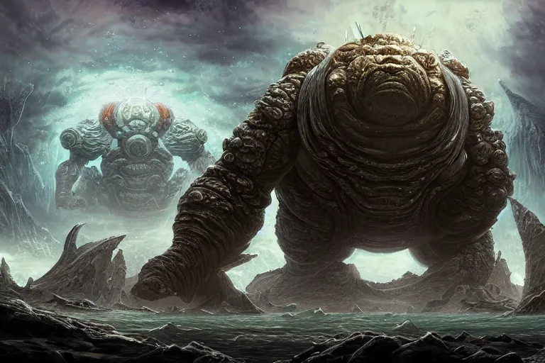 Prompt: highly detailed elden ring portrait photo of a huge golurk. a massive spaceship in a scenic megalophobic dystopian environment in the background, hyperrealistic illustration by william didier - pouget