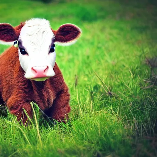 Image similar to very very very very cute chibi baby cow, portrait, pixar style, happy meadow background, cinematic lighting, award winning creature portrait photography