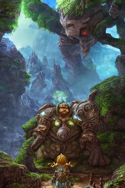 Image similar to zelda fantasy art giant golem troll wood rock greeble gemstone, global illumination ray tracing hdr fanart arstation by sung choi and eric pfeiffer and gabriel garza and casper konefal