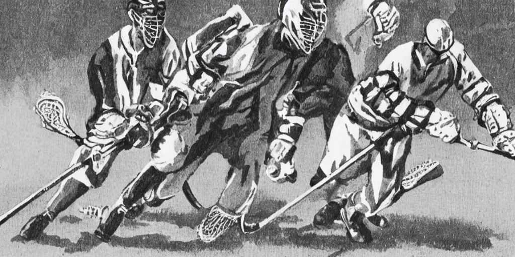 Prompt: lacrosse stick in the style of a 1 9 7 0's illustration