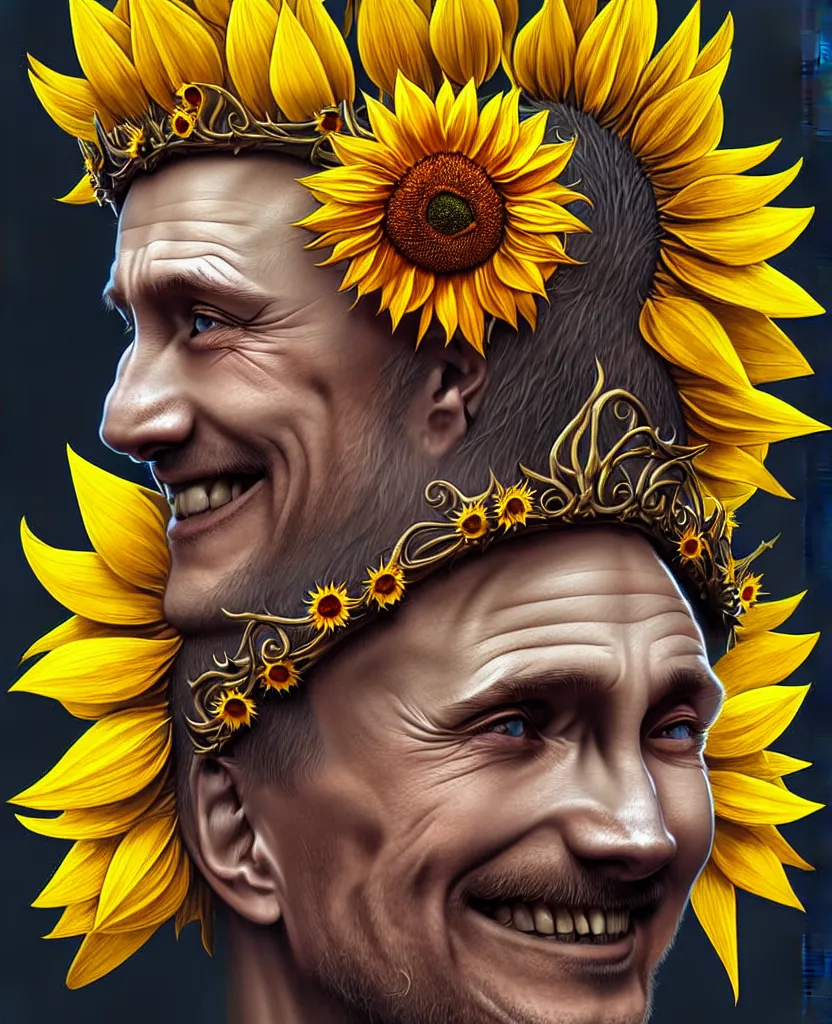 Image similar to digital art, centered full body of Putin smiling king, Sunflower crown, ,intricate, veins, by James Jean and by artgerm , by ross tran ultradetailed, charachter design, concept art, trending on artstation,