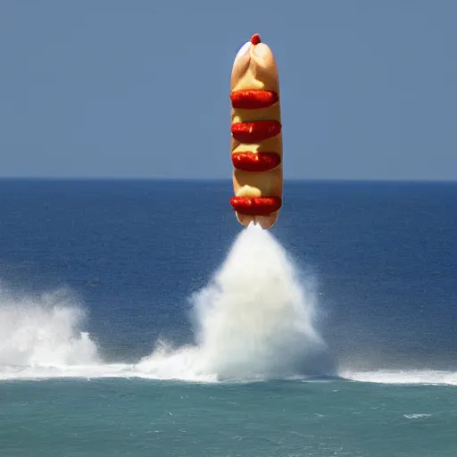 Prompt: a rocket looking like a hot dog launching out of the ocean.