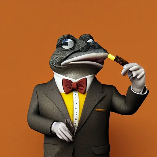 Image similar to a high quality photo of an antropomorphic mafia frog wearing a suit smoking a cigar, 3d scene, render, ultra realistic, artstation, cgsociety