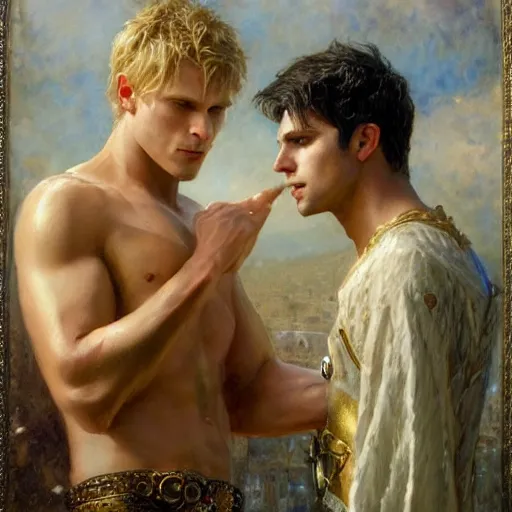 Prompt: attractive male arthur pendragon confesses his love to attractive male merlin. highly detailed painting by gaston bussiere, craig mullins, j. c. leyendecker 8 k