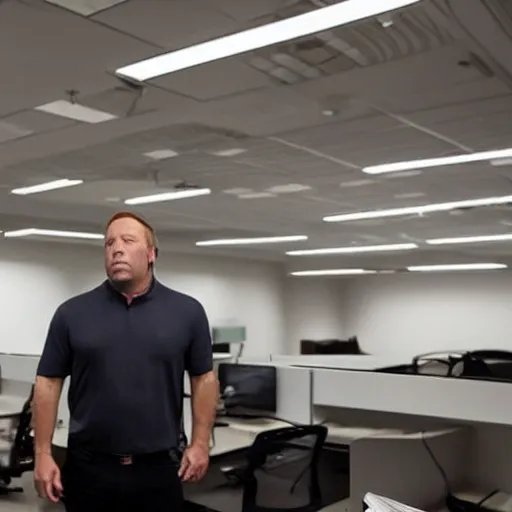 Image similar to alex jones inside an american office under fluorescent lights