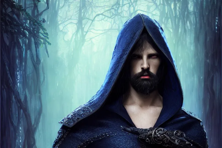 Prompt: ultrarealistic male mage face portrait fighting, long black hair blue eyes wearing leather mantle gothic navy cloak with leather details, green plants, fantasy character portrait, octane render, extreme intricate details, elegant, cinematic lighting, highly detailed, artstation, dnd art, cgsociety, sharp focus, beautiful digital painting by artgerm, gerald brom, wlop, alphonse mucha