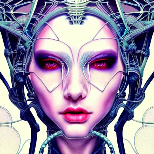 Prompt: high quality, high detailed portrait of a spider queen, a cyberpunk character in a retro - futuristic world, white porcelain translucent skin. hyperrealism, intricate details, cables, wires. connectors led. tristan eaton, victo ngai, artgerm, rhads, ross draws, alphonse mucha, pastel colors, vintage, artstation, vector gradient. 8 k