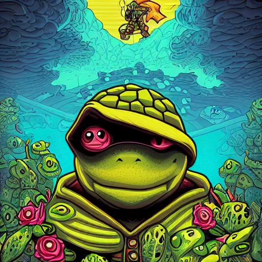 Prompt: anthropomorphic turtle hero by dan mumford