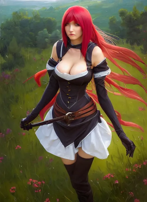 Image similar to portrait of Katarina from League of Legends in maid outfit, countryside, fantasy character portrait, dynamic pose, above view, view from above, sunny day, thunder clouds in the sky, artwork by Jeremy Lipkin and Giuseppe Dangelico Pino and Michael Garmash and Rob Rey, very coherent symmetrical artwork, perfect face, simple form, 100mm