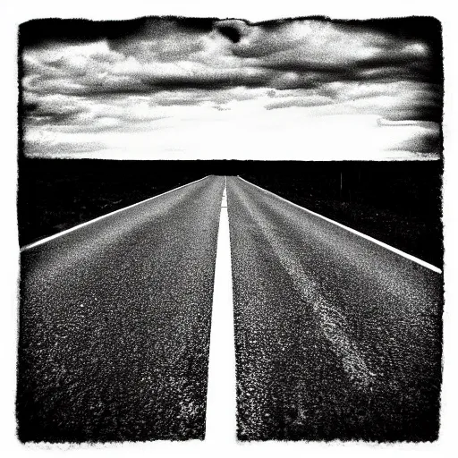 Prompt: “ man eagle fusion photograph detail quality black and white on an empty road ”