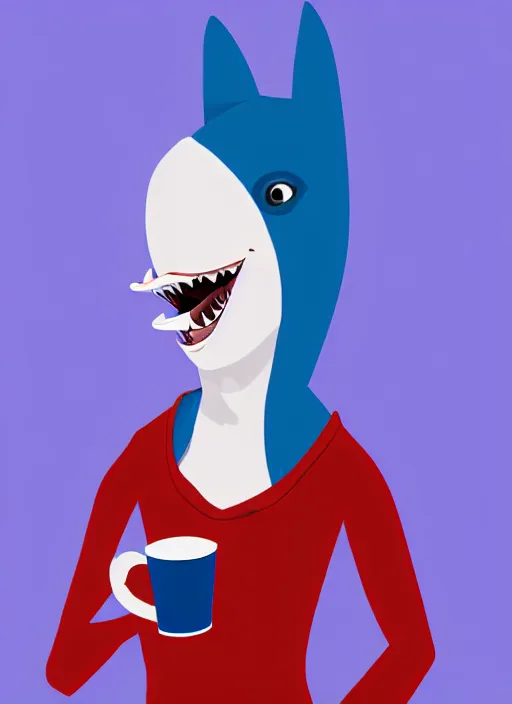 Prompt: female anthropomorphic blue shark with red hair holding a cup of coffee, cinematic lighting, hyper detailed, digital art, furry art style